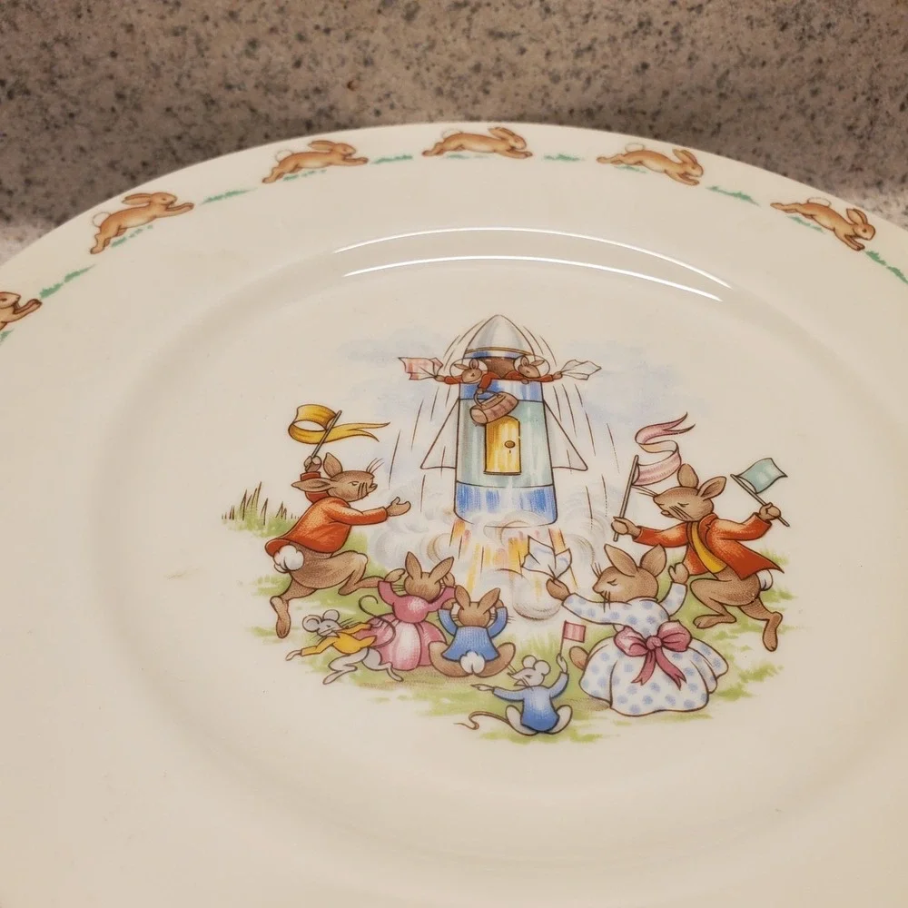 5 PC Vtg Royal Doulton Child's Bunnykins 3 Plates Birthday Spaceship TV Bowl Mug